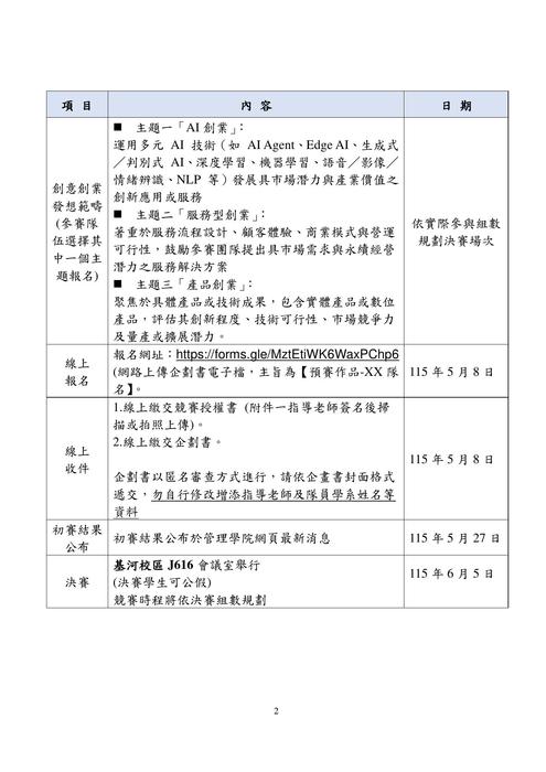2026銘傳大學管理學院創業競賽實施細則